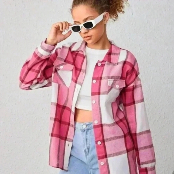 Plaid Print Drop Shoulder Flap Pocket Shirt - Picture 2 of 15